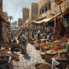 a painting of an outdoor market with people shopping and selling items in the street area