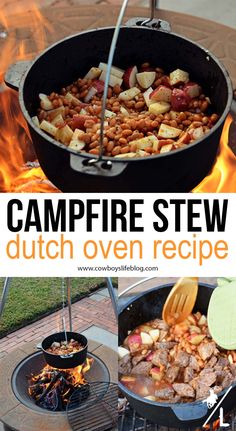 the campfire stew dutch oven recipe is ready to be cooked over an open fire