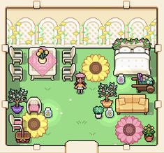 an animal crossing map with furniture and flowers in the foreground, as well as a patio