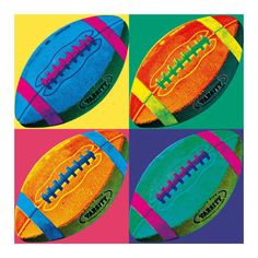 four footballs with different colors and patterns on them are shown in the same image