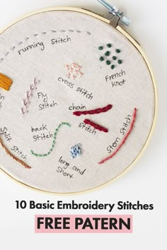 an embroidery pattern with the words'10 basic embroidery stitches free pattern'in it