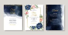 three wedding cards with flowers and gold glitters on the front, back and sides