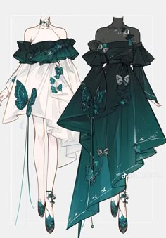 two dresses with butterflies on them, one is green and the other is white in color