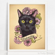 a black cat with flowers on it's head and a ribbon around its neck