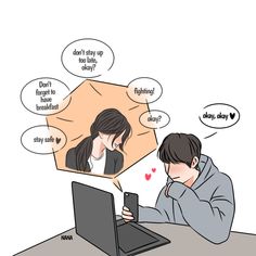 a man and woman sitting in front of a laptop computer with speech bubbles above them