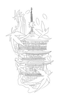 a black and white drawing of a pagoda