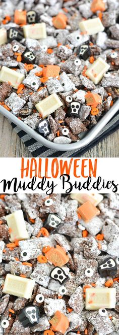 halloween muddy buddies recipe with chocolate and marshmallows in the middle on a white plate