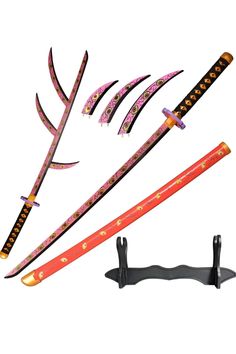 three different types of swords are shown on a white background, one is red and the other is pink