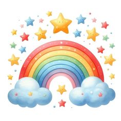 a rainbow with stars and clouds in the sky