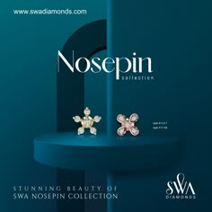 the front cover of nosepin collection featuring two diamond earrings on a blue shelf