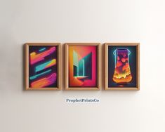 three framed art pieces on a wall with the words propheleinato above them