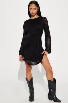 Available In Black. Crochet Mini Dress Long Bell Sleeves Scoop Neckline Waist Tie w/ Tassel Detail Round Hem Backless Lined Stretch 100% Acrylic Imported | Daydream Crochet Mini Dress in Black size XL by Fashion Nova Crochet Dress Pattern Free, Long Bell Sleeves, Crochet Mini Dress, Crochet Dress Pattern, Black Crochet, Dress Long, Crochet Dress, Waist Tie, Mini Black Dress