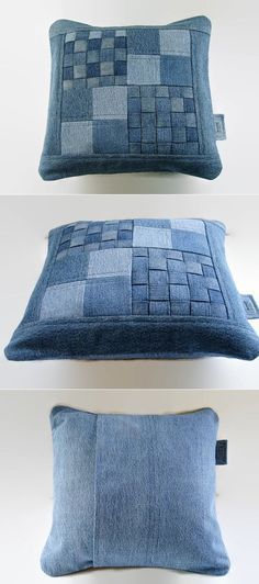 three different pillows made out of denims, one blue and the other white with squares