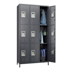 a gray locker with two doors open