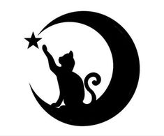 a cat sitting on top of a crescent with a star in it's hand