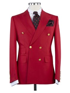 Red Notch Lapel Tuxedo For Wedding, Red Tailored Tuxedo With Notch Lapel, Red Tuxedo Blazer With Suit Collar, Double-breasted Three-piece Wedding Suit, Tailored Luxury Suits, Red Long Sleeve Tuxedo For Semi-formal Occasions, Red Long Sleeve Semi-formal Tuxedo, Elegant Three-piece Suit With Buttons, Elegant Fitted Red Blazer