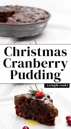 christmas cranberry pudding on a white plate with the title overlay reads, christmas cranberry pudding