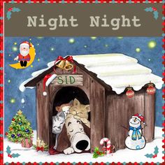 a christmas card with an image of a dog house and snowman in the background