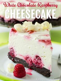 a white chocolate raspberry cheesecake on a plate