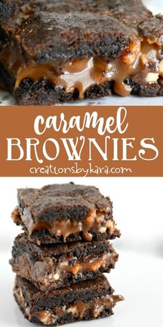 chocolate caramel brownies stacked on top of each other with the words caramel brownies above them