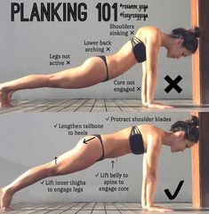 a woman is doing planking exercises on her stomach and back with the words planking 101