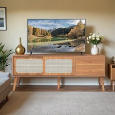 a flat screen tv sitting on top of a wooden cabinet