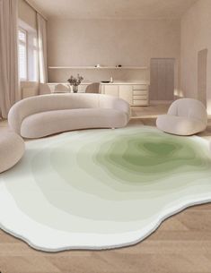 a living room filled with white furniture and lots of green liquid floating on the floor