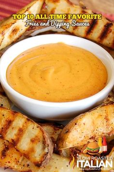 grilled chicken and dipping sauce in a white bowl