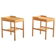 two small wooden tables sitting side by side on top of each other in front of a white background