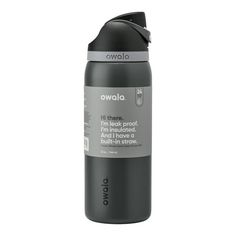 an image of a black water bottle on a white background with the words owala