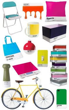 a collage of different colored objects including a bicycle