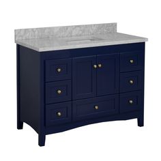 an image of a bathroom vanity with marble top and blue cabinetry on white background