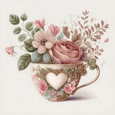 a painting of a cup with flowers in it