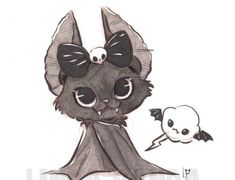 a drawing of a bat with a skull on it's head and another animal in the background