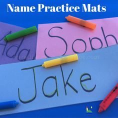 name practice mats with colored crayons and markers on top of paper that read,'add, sorbh, take '