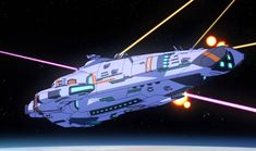 a space ship flying through the air with two laser beams coming out of it's side