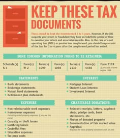 an info sheet with the words keep these tax documents written in bold, green and orange colors