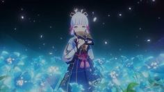 an anime character holding a cat in front of some blue and white flowers at night