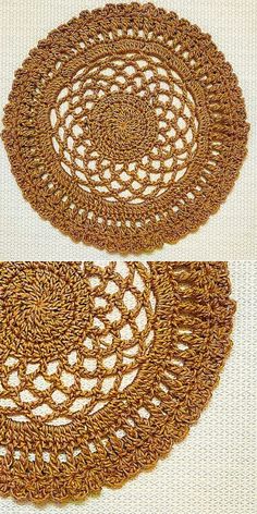 two crocheted doilys on top of each other, one is brown and the other is beige