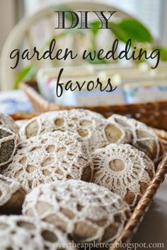 homemade garden wedding favors in a wicker basket with text overlay that reads diy garden wedding favors