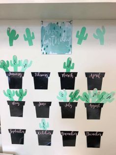 a bulletin board with cactus plants and happy birthday written on it's back wall