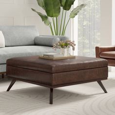 a living room with a couch, coffee table and plant in the corner on top of it