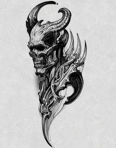 a drawing of a skull with horns on it