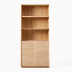 a wooden bookcase with two doors on the front and one door open to reveal an empty space