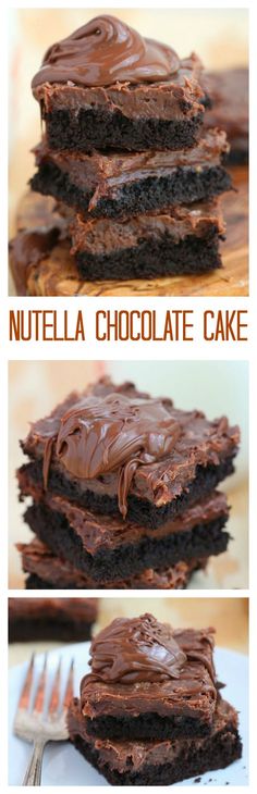 chocolate cake that is cut in half and stacked on top of each other with the words nutella chocolate cake