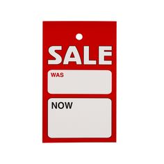 a red sale tag with the words sale was now