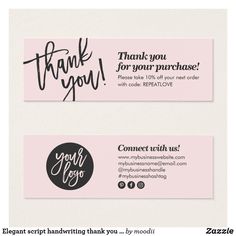 two business cards with the words thank you for your purchase and an image of a handwritten