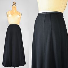 "Antique, Edwardian wool mourning skirt. Gored seams give way to short pleats at the hemline. Unlined. Details Era: 1900s-1910s Label: none Fabric: wool with art silk waistband Color*: black Closure: hooks and eyes at the back Measurements Waist: 31\" Hip: 44\" Length: 38\" Condition Good, with a tiny hole at the front hemline (see image) and a somewhat wonky seam at the back (see image). There are a few hooks at the back waistband - a remnant from a previously attached bodice. Presents beautifully. *Color displays differently on various computer monitors. FAQs: Q: Do you offer discounts or accept offers? A: While we do not accept offers, you can follow us on Instagram @publicdove to learn about sales and coupon codes!" Formal Black Box Pleat Skirt, Formal Black Skirt With Box Pleat, Vintage Evening Lined Skirt, Vintage Evening Pleated Skirt, Vintage Pleated Skirt For Evening, Vintage Formal Flared Skirt, Vintage Formal Full Skirt Bottoms, Vintage Flared Formal Skirt, Elegant Fitted Skirt For Vintage Fashion