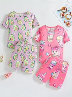 2pcs/Set Young Girl Simple All Over Allover Print Shorts And Short Sleeve Casual Pajamas Multicolor Casual  Short Sleeve Fabric Cartoon,All Over Print Short Sets Medium Stretch  Young Girls Clothing, size features are:Bust: ,Length: ,Sleeve Length: Oakley Clothes, Casual Pajamas, Print Shorts, Girls Pajamas, Girls Hair Accessories, All Over, Kids Beachwear, Girls Clothing, Printed Shorts