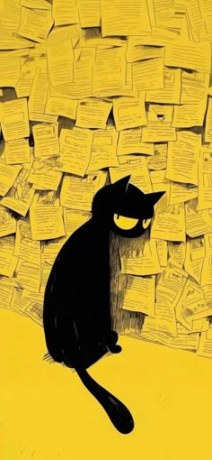 a black cat sitting on top of a pile of yellow post - it note notes